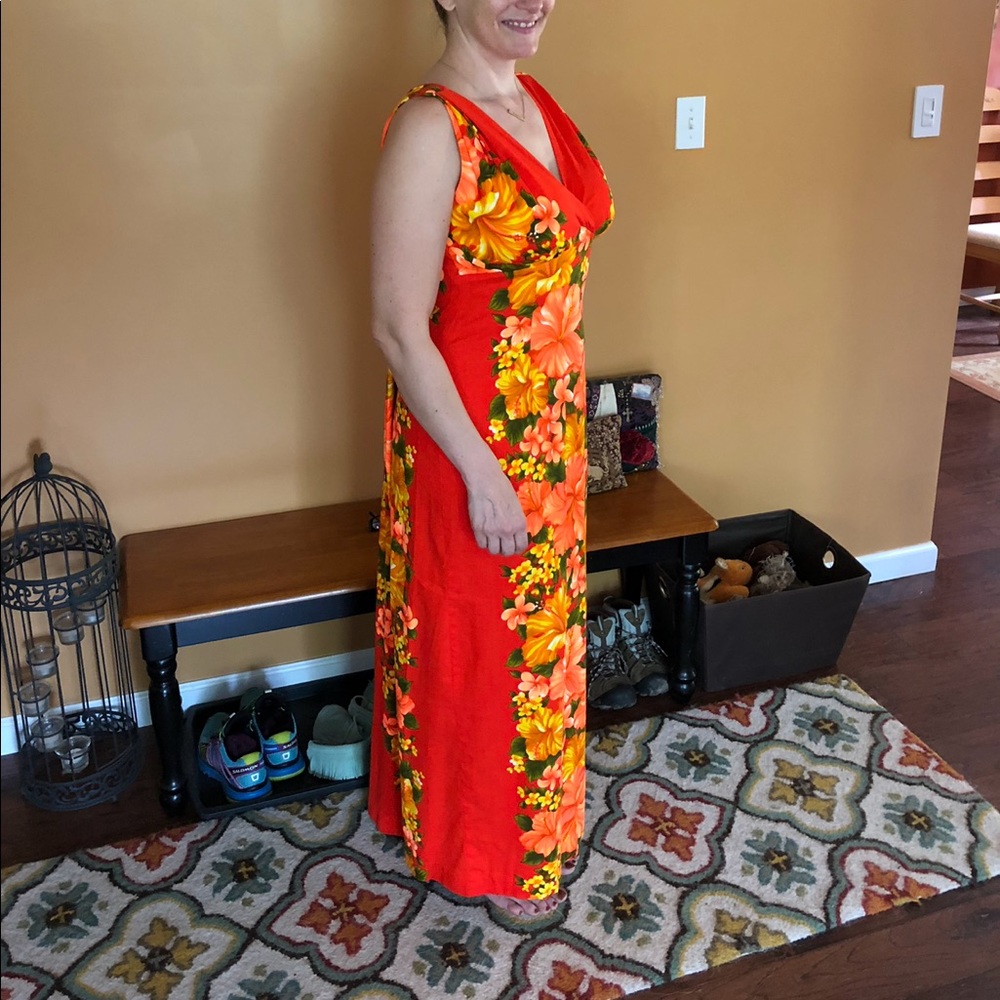 Vintage barkcloth maxi Hawaiian tiki dress orange tiki